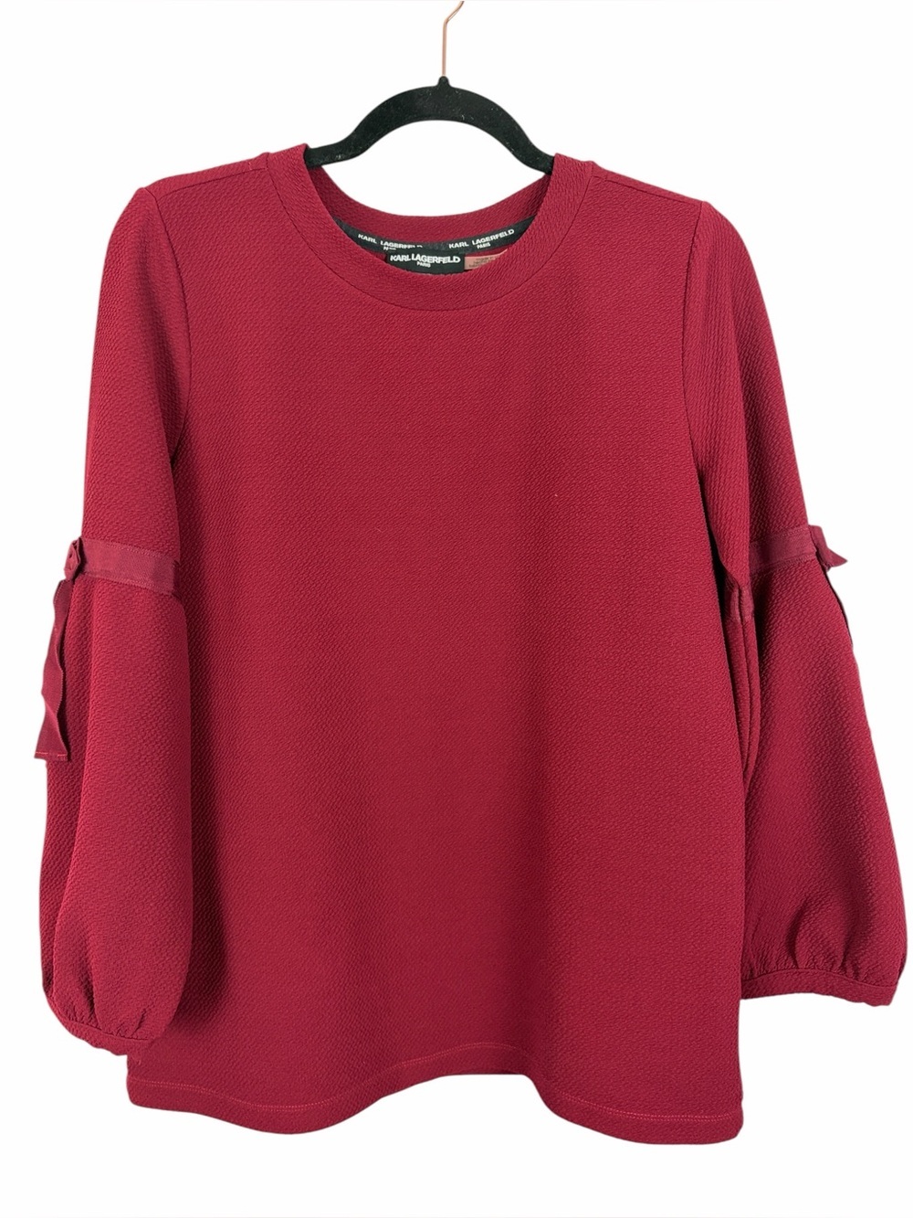 Karl Lagerfeld Paris Textured Puff Sleeve Tie Detail Blouse Red Size Small